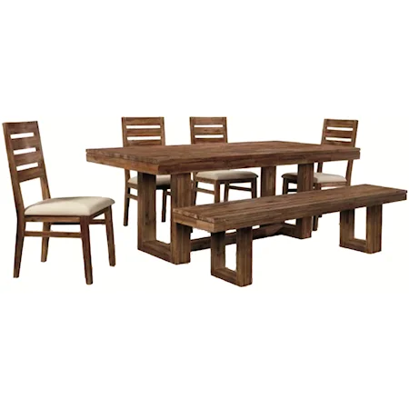 Six-Piece Modern-Rustic Rectangular Trestle Table with Ladderback Side Chairs & Dining Bench Set